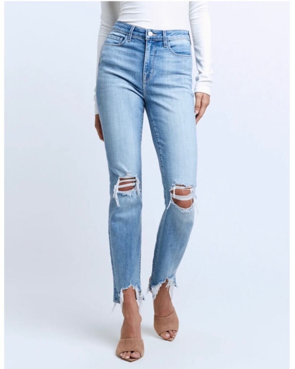 L’AGENCE High Line Distressed Jeans High Rise Ripped Knee Chewed Hem Cropped